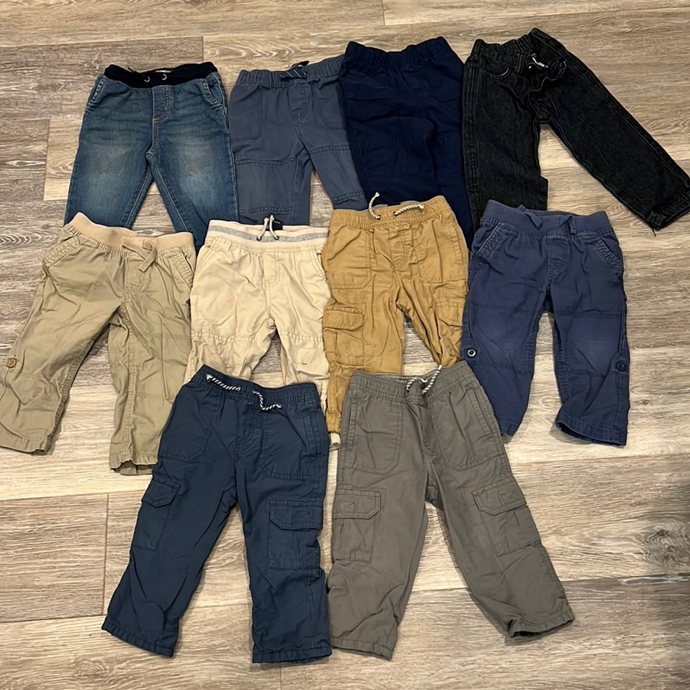 Lot bundle of 10 pairs of pull on pants khakis, cargo, jeans GUC 18months 18m